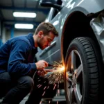 Car body repair shop in Liverpool repairing accident damage to a vehicle.