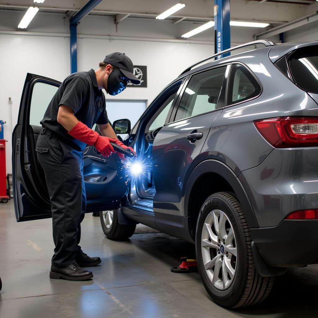 Car body repair shop in Ludlow with mechanics working on a damaged vehicle