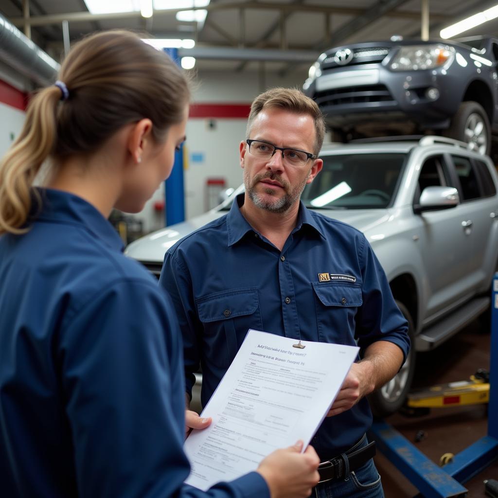 Car body repair shop manager discussing repair plan with a customer