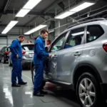 Car body repair shop with mechanics working on damaged vehicles nearby.