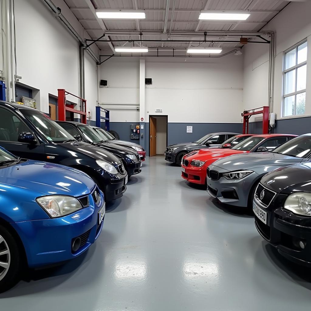 Interior of a car body repair shop in Newquay