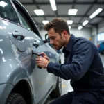 Car Body Repair Shop in Oldbury: A technician inspecting a damaged vehicle.