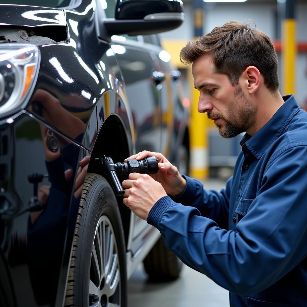 Car Body Repair Shop in Park Royal: Technician Inspecting Vehicle Damage