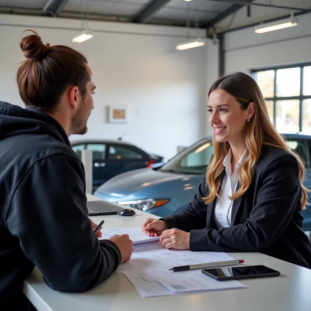 Customer Interacting with Staff at Car Body Repair Shop in Penryn