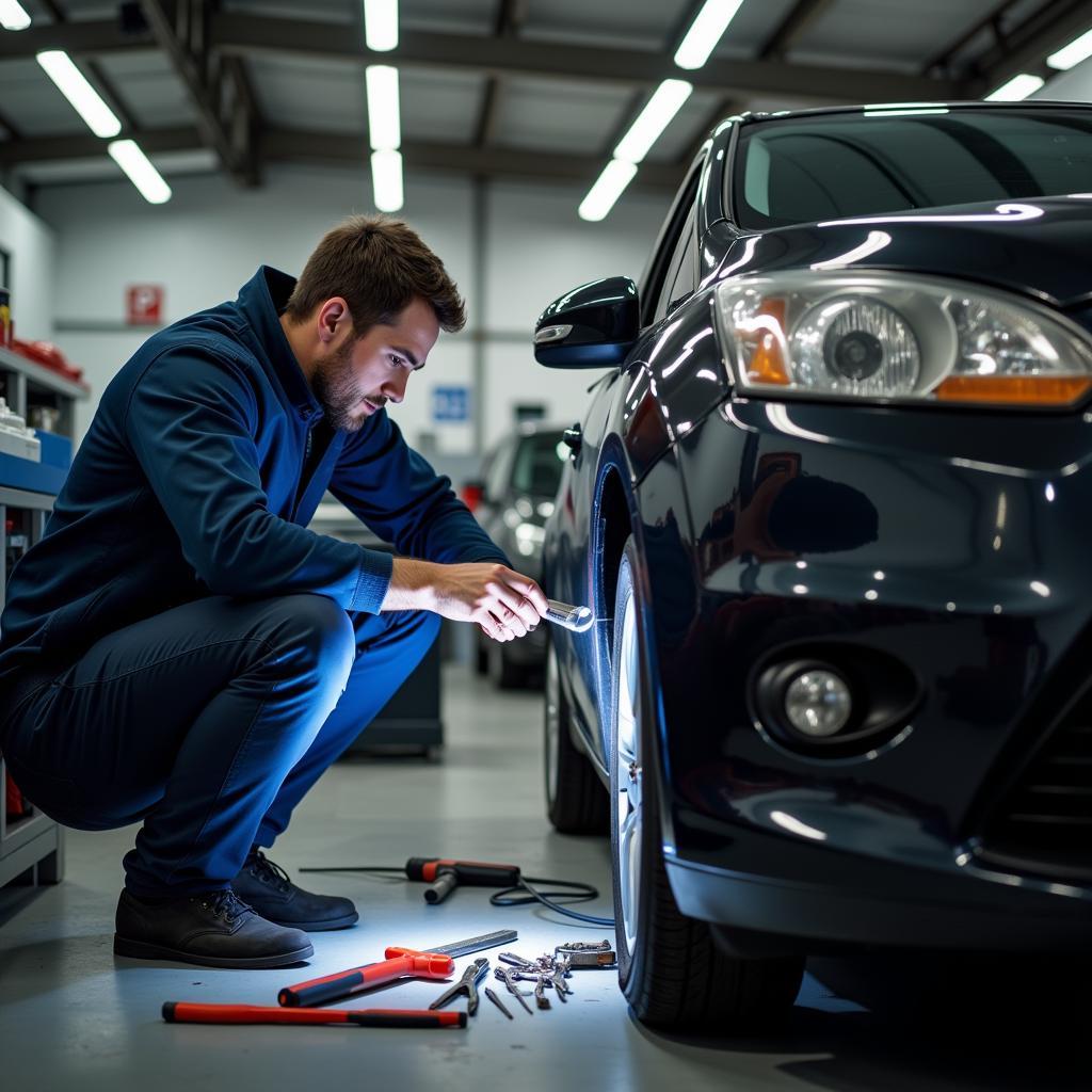 Car Body Repair Shop in Rochdale: A mechanic inspecting a damaged car for repair.