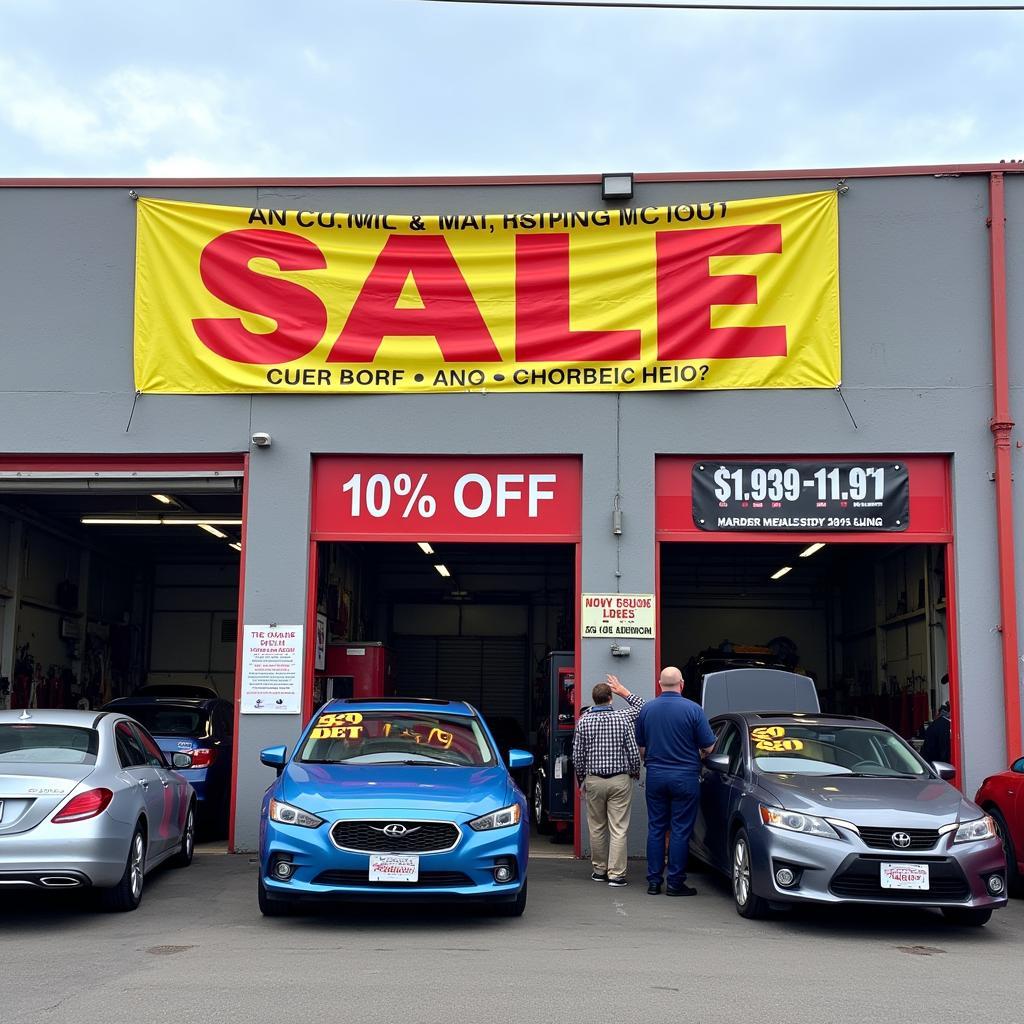 Car body repair shop with a sale banner advertising discounts.