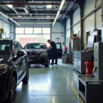 Car body repair shop located near Snowdon Road, Middlesbrough showcasing modern equipment and a clean working environment.