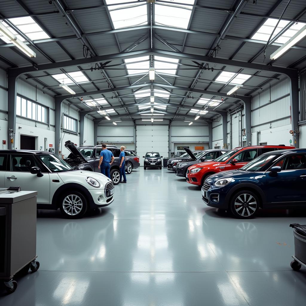 Interior of a car body repair shop in Stratford Upon Avon