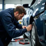 Car body repair shop in Sussex showing a technician working on a damaged vehicle