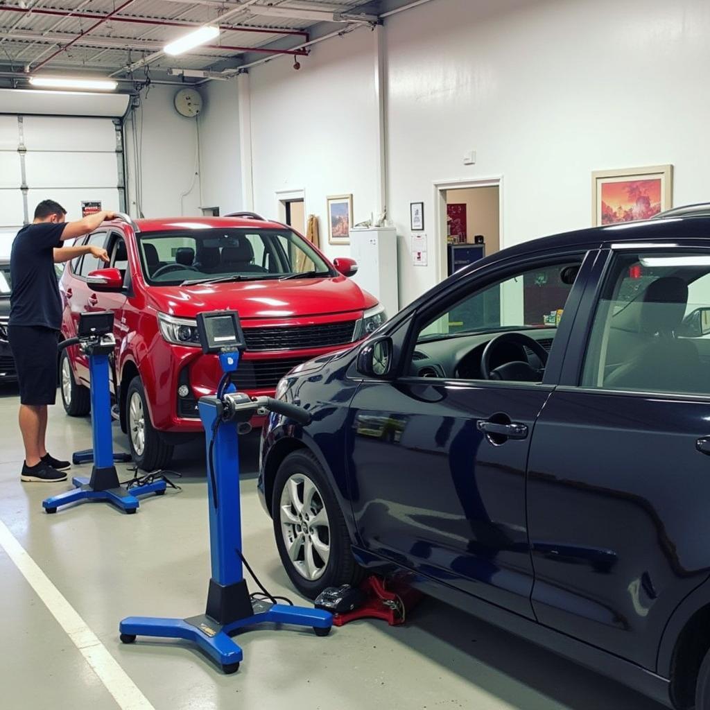 Car Body Repair Shop in Sutton: A modern car body repair shop with technicians working on various vehicles.