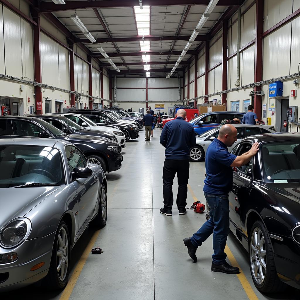 Car body repair shop in Swindon, showing technicians working on a damaged vehicle.