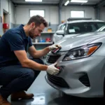 Mechanic inspecting car damage at a body repair shop in Taunton