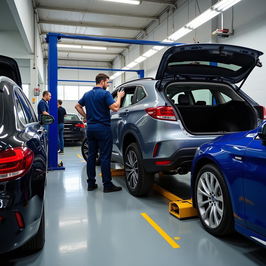 Car body repair shop in Teddington showing modern equipment and certified technicians.