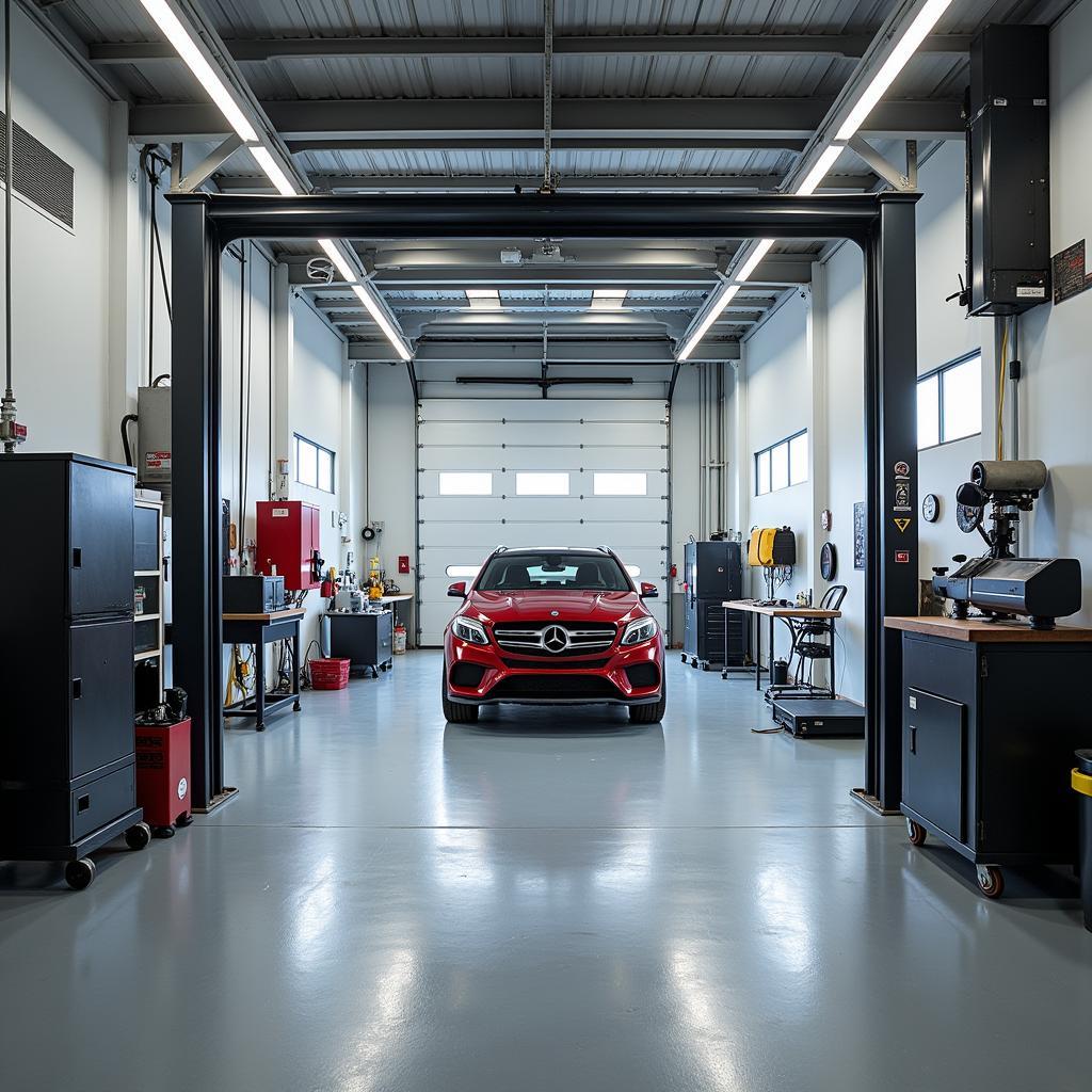 Interior view of a car body repair shop in Torquay