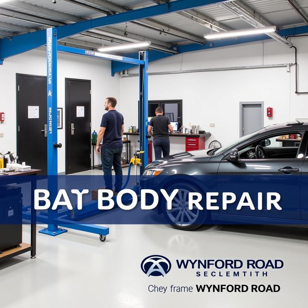 Modern car body repair shop equipment and technicians near Wynford Road, Birmingham