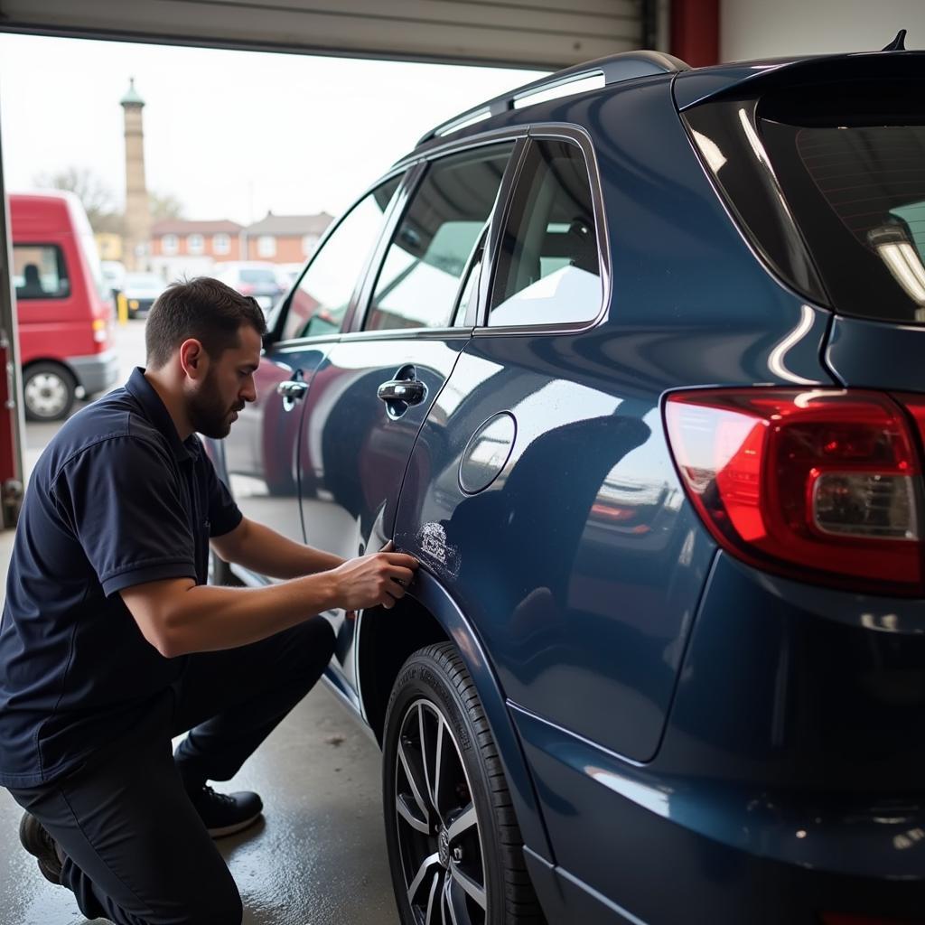 Car body repair in Skegness showing dent removal process