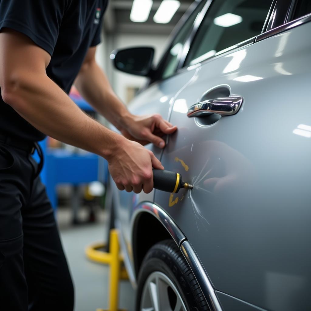 Car dent removal process in a South Birmingham body shop