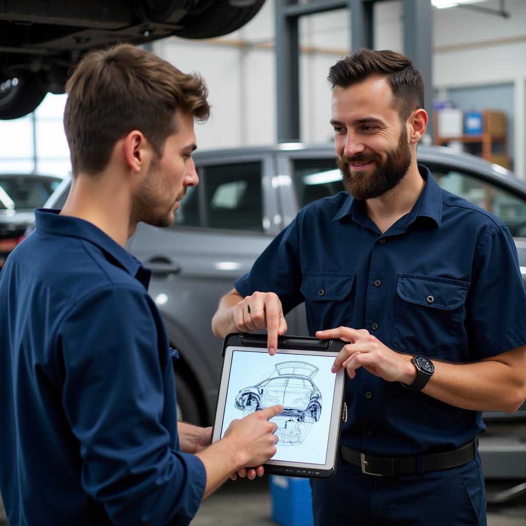 Car Body Repair Specialist Discussing Repair with Customer