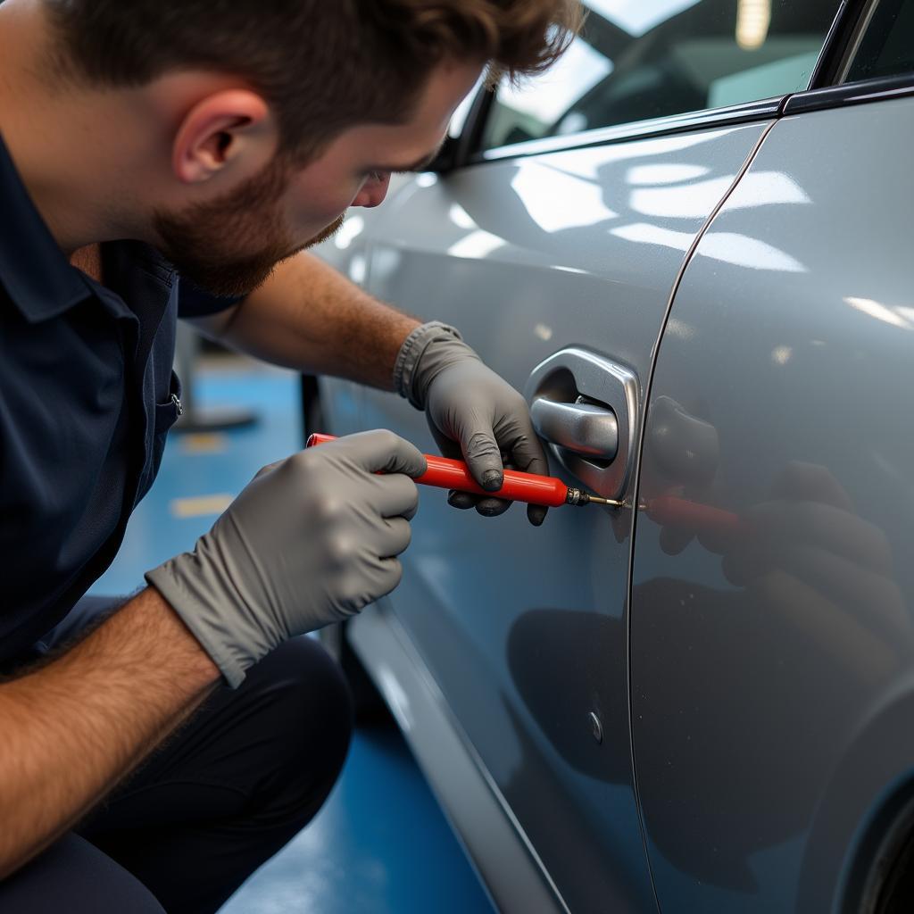 Car Body Repair Specialist Performing Paintless Dent Repair