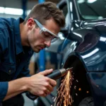 Car Body Repair Specialist Working on a Damaged Vehicle