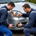 Car body repair specialists in Cardiff assessing the damage to a vehicle.