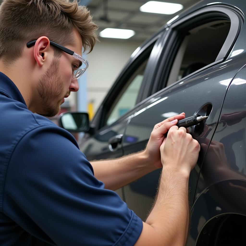 Student Practicing Dent Repair on a Car Door