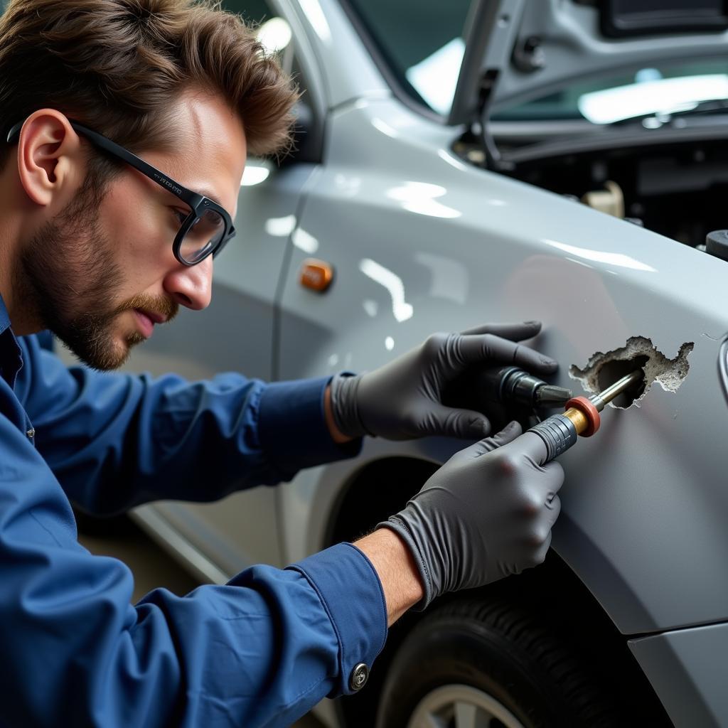 Car Body Repair Technician Inspecting Damage in Normanton