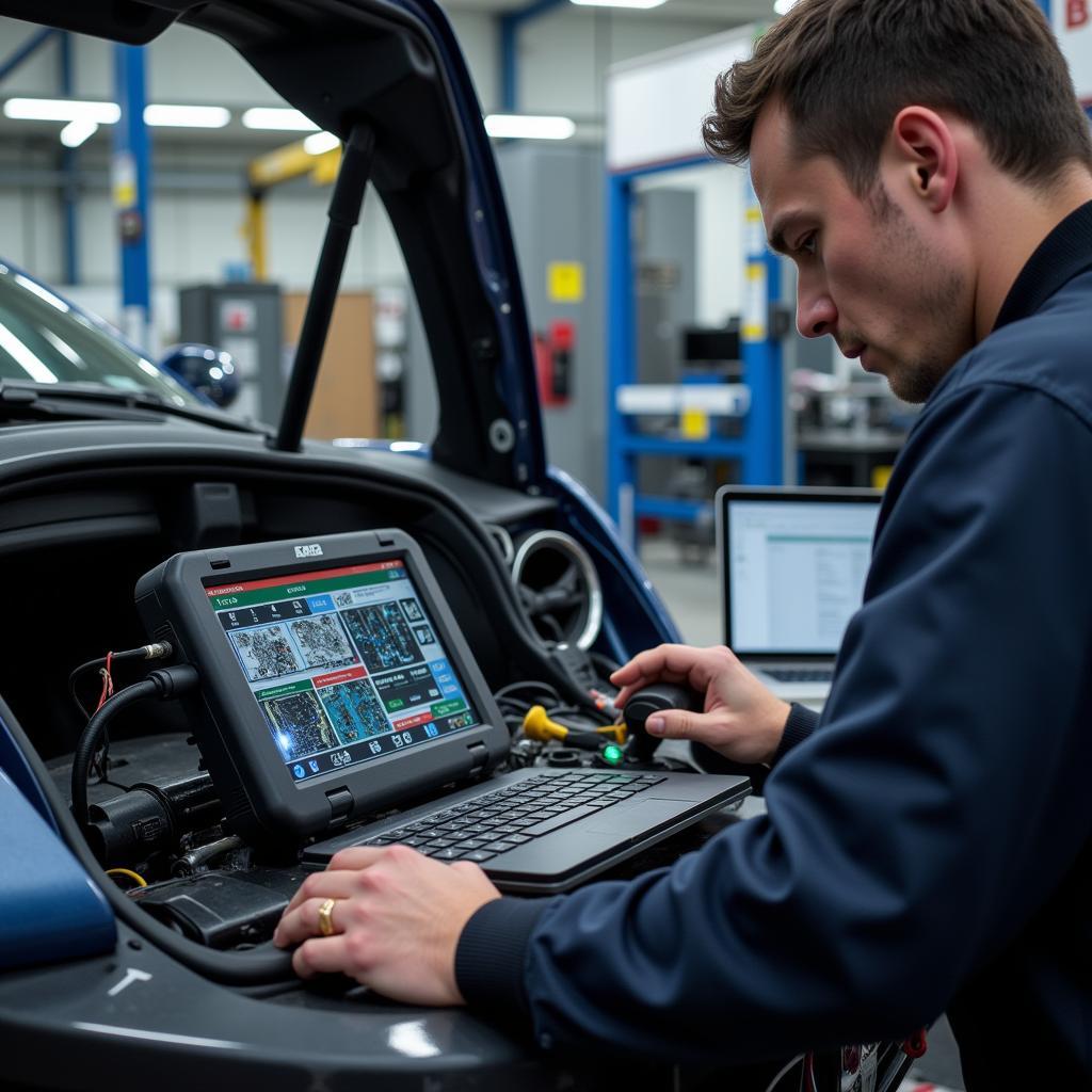 Car Body Repair Technician Using Advanced Diagnostic Equipment in Norwich