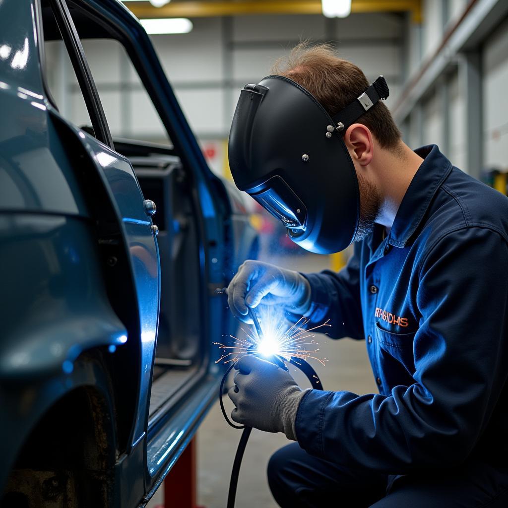 Car Body Repair Technician Performing Welding