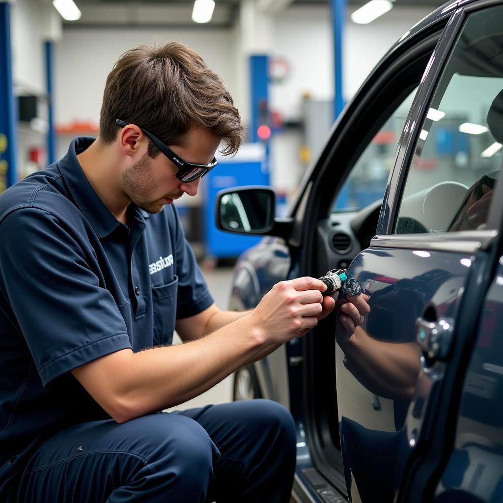 Experienced technician working on car body repair