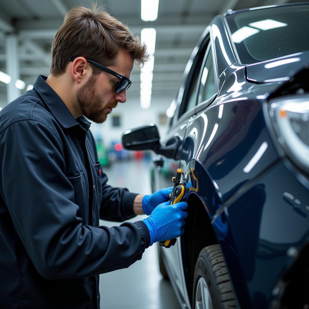 A skilled technician meticulously working on car body repair.