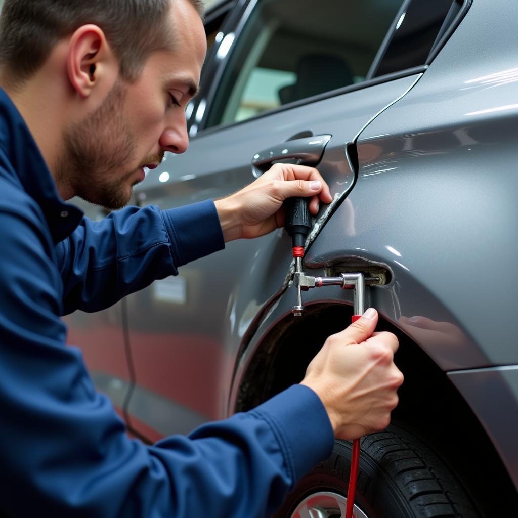 A car body repair technician working on a damaged vehicle in a professional workshop