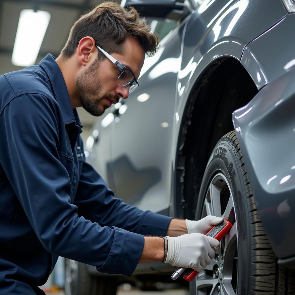 Car body repair technician working on a damaged car