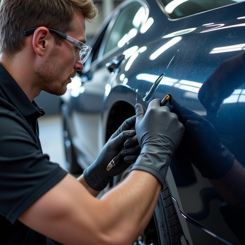 A car body repair technician working on a dent.