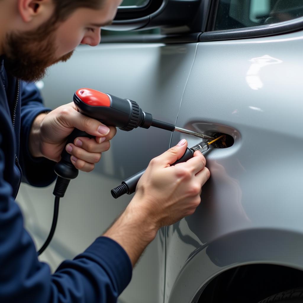 Technician performing dent removal on a car in Thurrock.