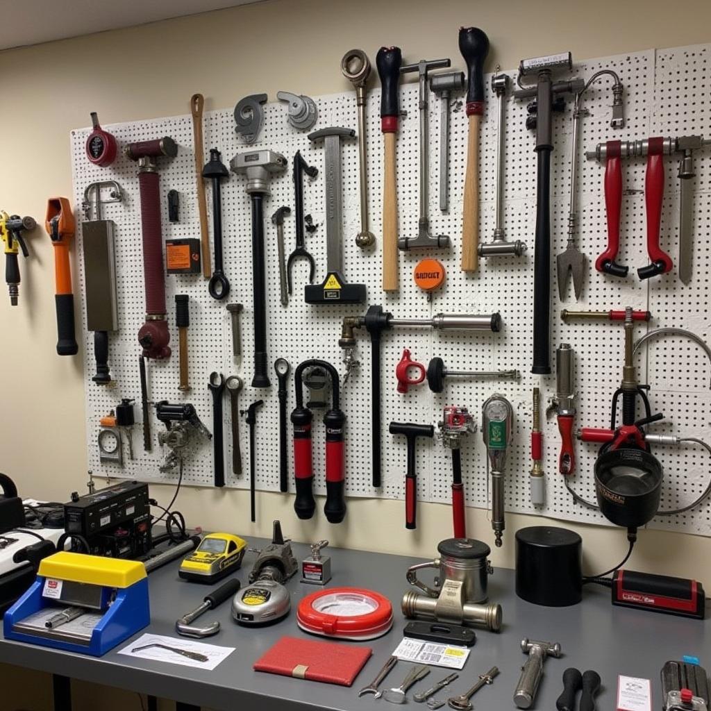 A display of various tools and equipment used in car body repair in a Nottingham training center.