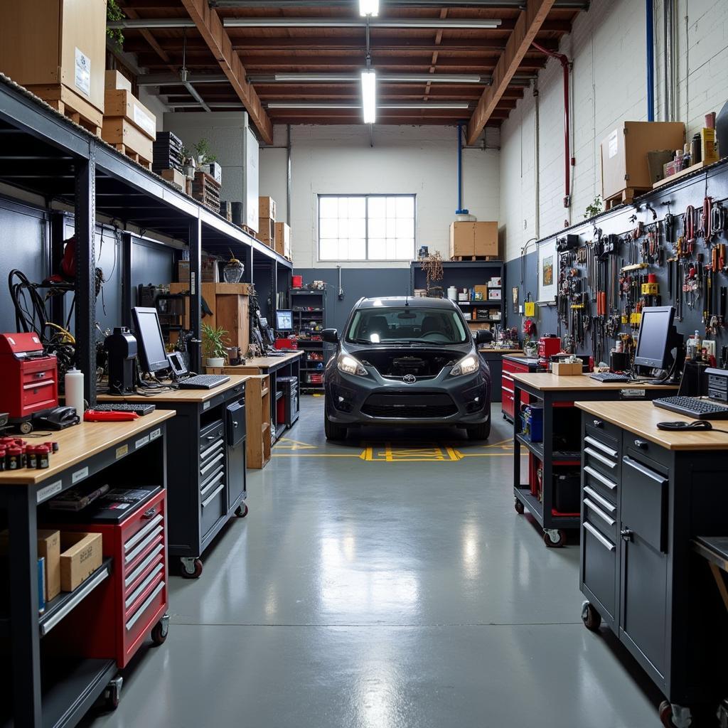 Car body repair tools and equipment in a Plymouth workshop