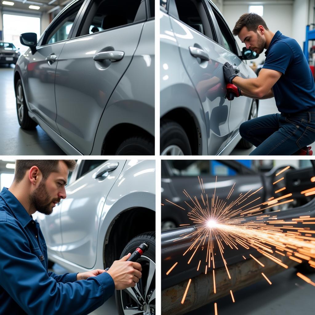 Different types of car body repair including PDR, scratch repair, and panel replacement.