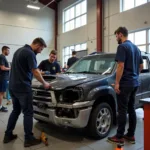 Students Practicing Car Body Repair Techniques at University