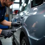 Car body repair expert assessing damage in Waringsford