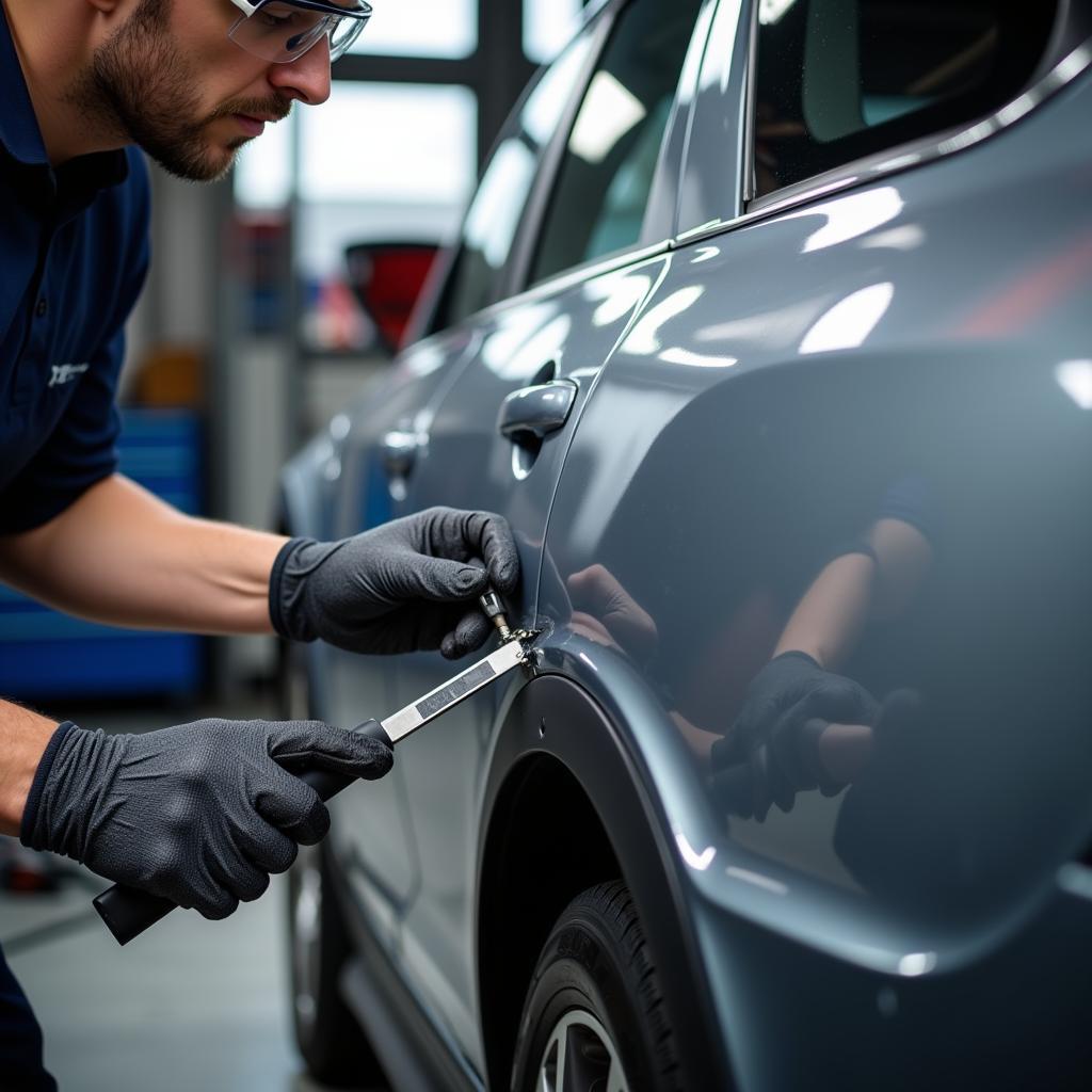 Car body repair expert assessing damage in Waringsford