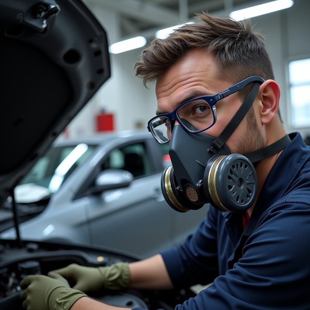 Car body repair worker wearing proper PPE, including eye protection