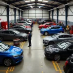 Car body repair workshop in Bolton showing various stages of repair process