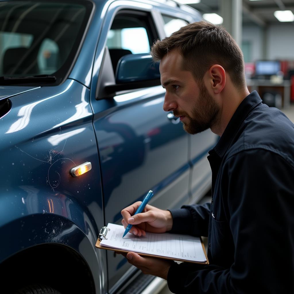 Car body repair expert assessing damage on a vehicle in Longton