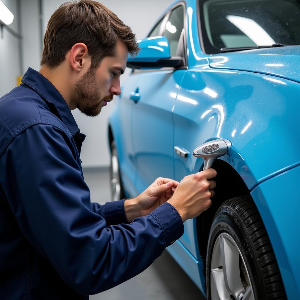 Technician matching paint color for car body repair in Longton