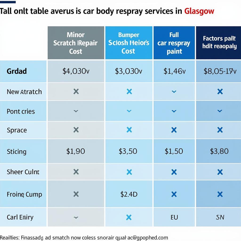 Cost comparison table for car body respray services in Glasgow