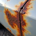 Close-up view of rust on a car body panel