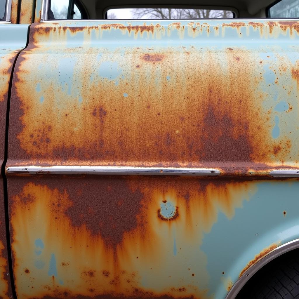 Close-up of car body rust showing reddish hue