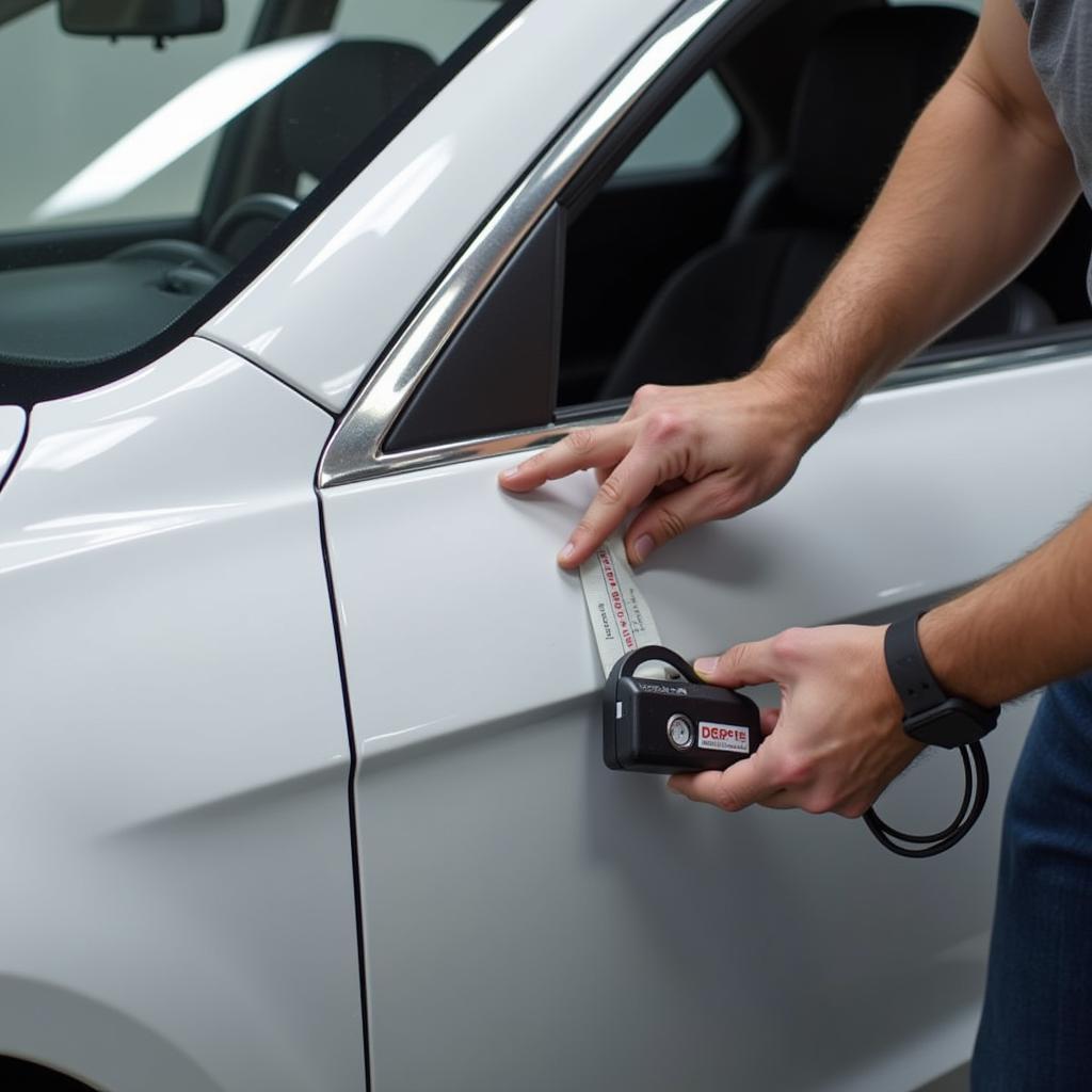 Car Body Seal Repair Thickness Measurement: Demonstrating how to measure the thickness of applied sealant using a specialized gauge.