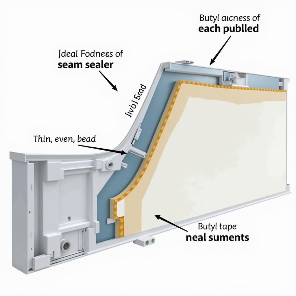 Car Body Sealant Application Thickness: Illustrating the correct application thickness of seam sealer and butyl tape on a car body panel.